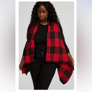 Red and Black Plaid draped front cardigan
